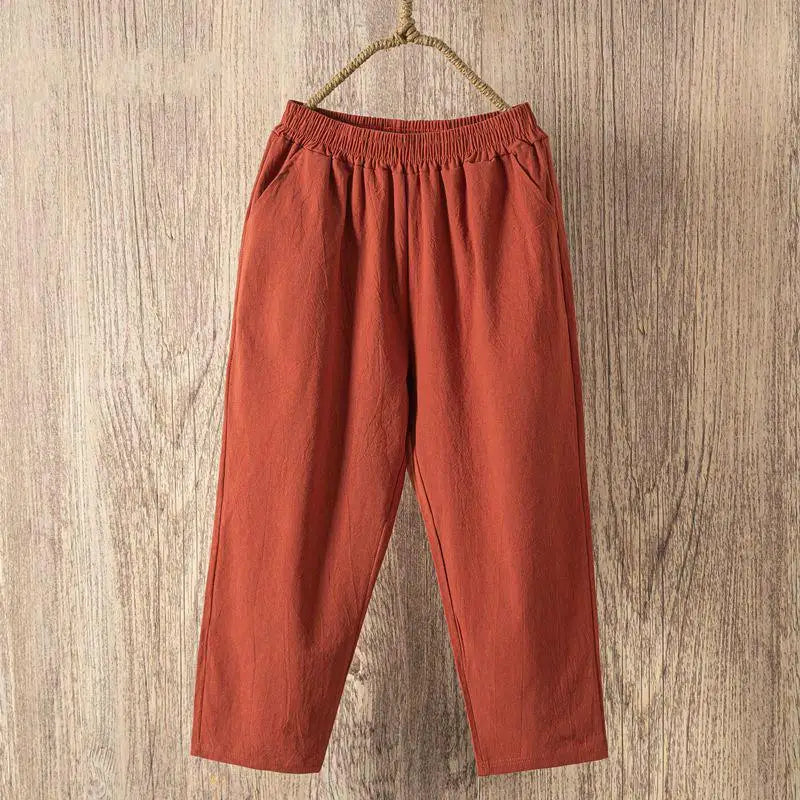 Women Summer Casual Loose Harem Elastic Waist Cotton Linen Pants Ninth Trousers