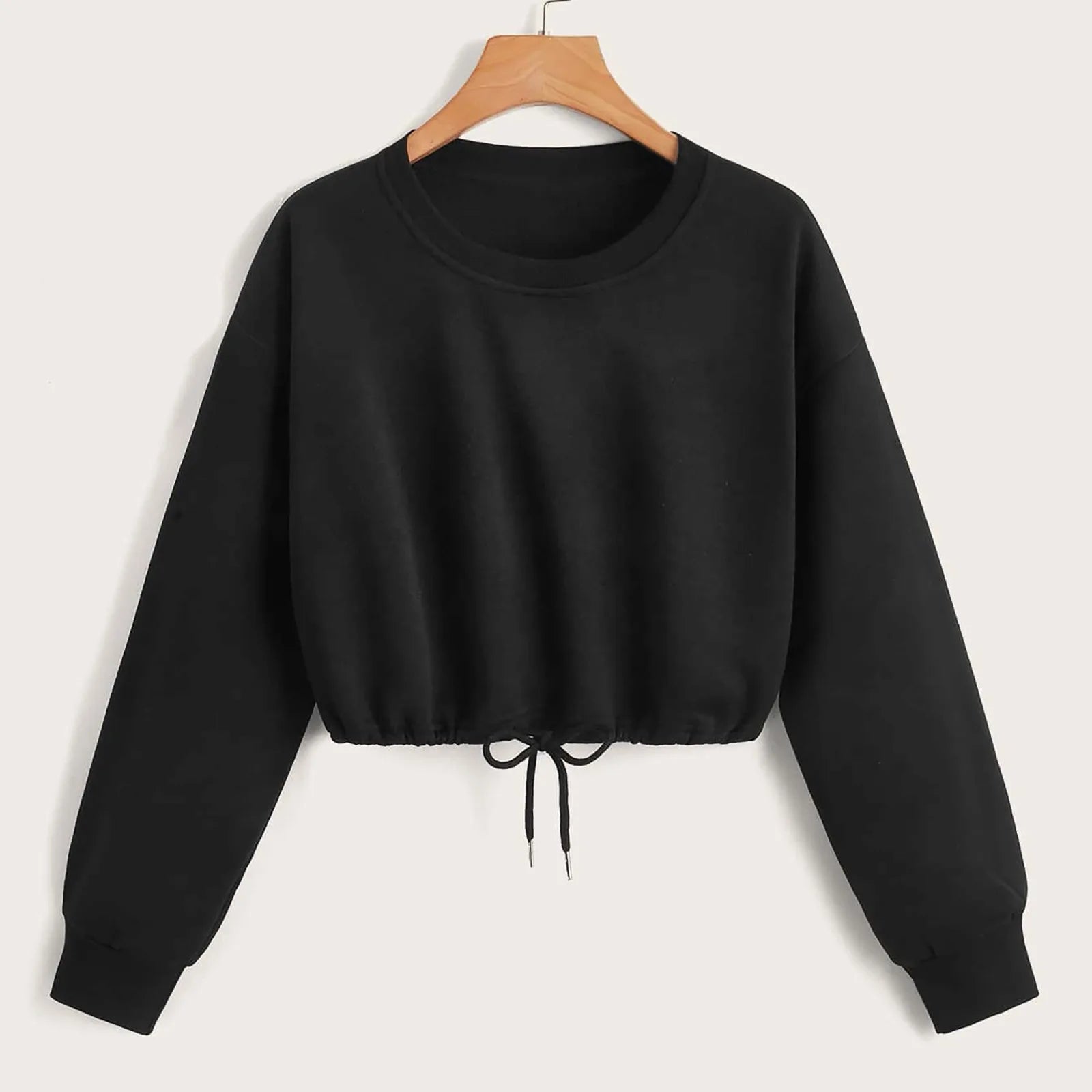 Women Long Sleeve Sweatshirt Fashion Solid Crop Top Soft Daily Loose Drawstring Hem Womens O-Neck Trendy Basic Femme Pullovers