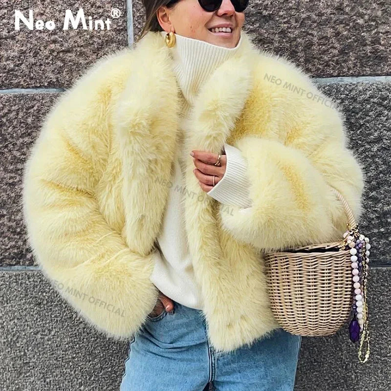 Neo Mint 2024 Winter Women Yellow Faux Fur Jacket Chic Girls Fashion Streetwear Thicken Warm Stand Collar Fox Fur Coat Outerwear