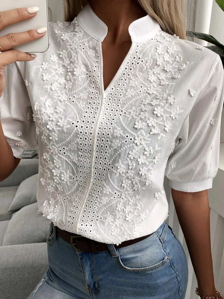 Spring Embroidery Women Blouse Fashion Summer V-neck Lantern Sleeve White Shirt Woman Vintage Cotton Hollow-out Tops