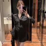 Black Striped Long Sleeve Blouses Women Korean Sexy V-Neck Slim Casual Shirts Y2K Fashion Elegant Office Lady All-match Midi Top