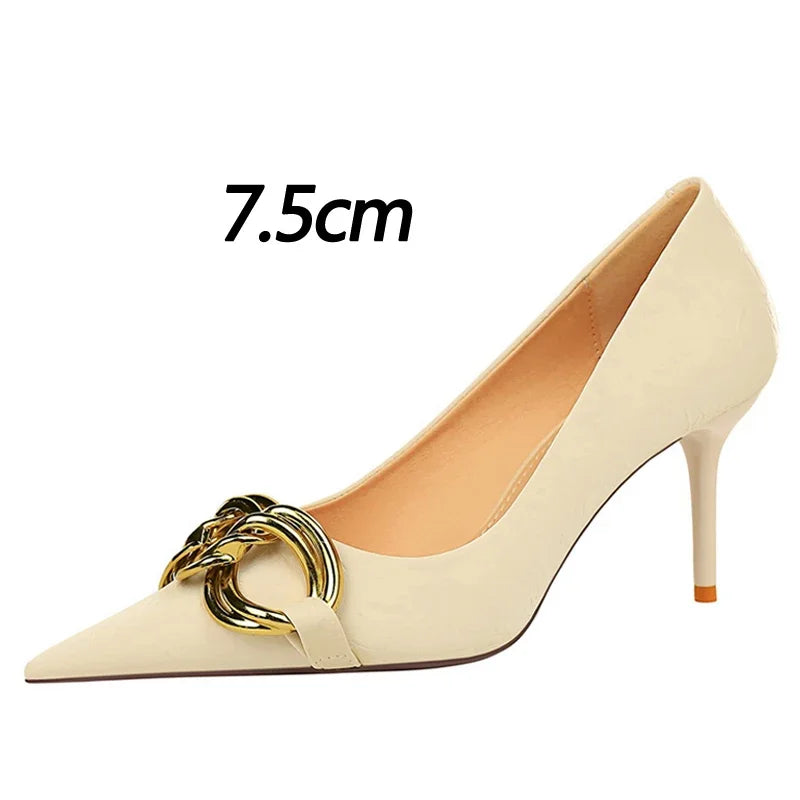 BIGTREE Women's Fashion Nude Metal Buckle Pumps High-Heels Sexy Party Stilettos Heels Office Spring Shoes