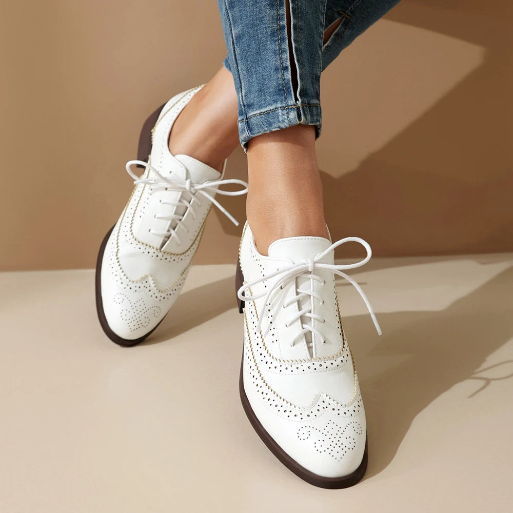 Vintage Style Casual Lace up Shoes For Women Oxfords Fashion  Mixed Colors Women Flats Lady PU Leather Single Shoe Big Size