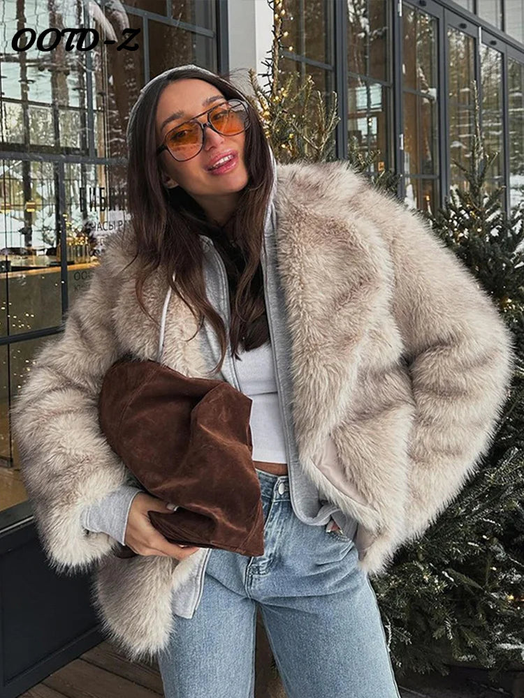 Fluffy Faux Fur Women Coat Warm Long Sleeve Turn-down Collar Female Jacket 2024 Fashion Natural Color Loose Winter Lady Outwear