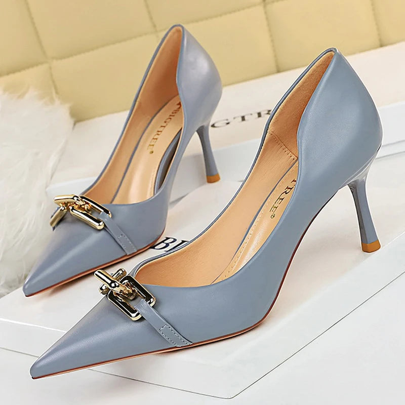 BIGTREE Shoes Elegant Women Pumps Metal Button Kitten Heels Women Shoes Stiletto Banquet Shoes Pointed High Heels Large Size 43