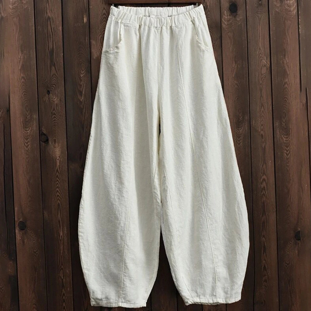 Spring Summer Cotton Linen Style Bloomers Wide Leg Pants Women Vintage Full Length Elegant Pants Solid Elastic Waist S-5XL