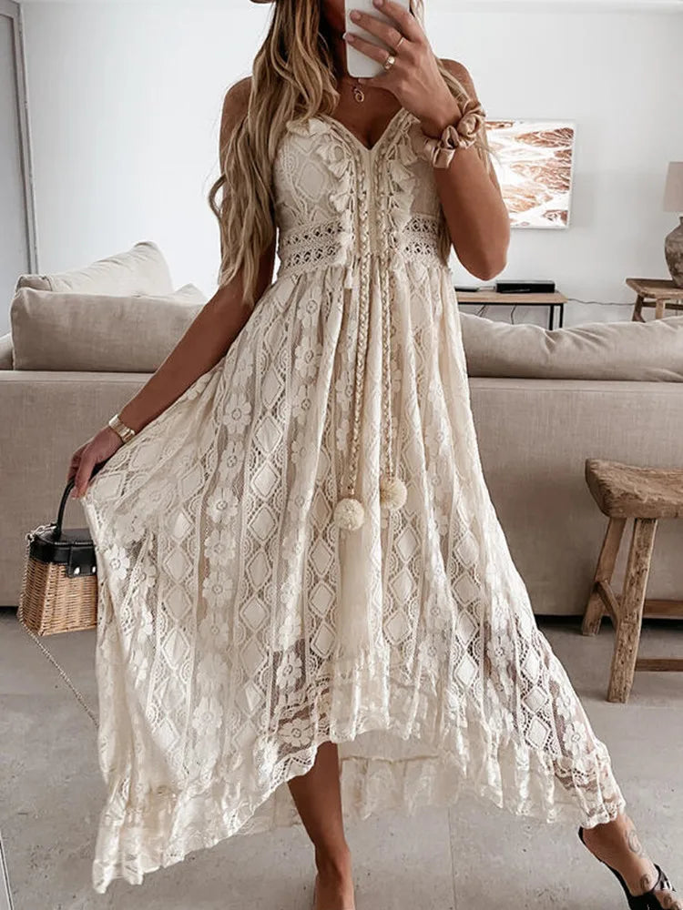 Women Lace Boho Style Long Dress Solid Color Deep V-neck Sleeveless Beachwear High Waist A-Line Summer Wild Sling Dress For Lady