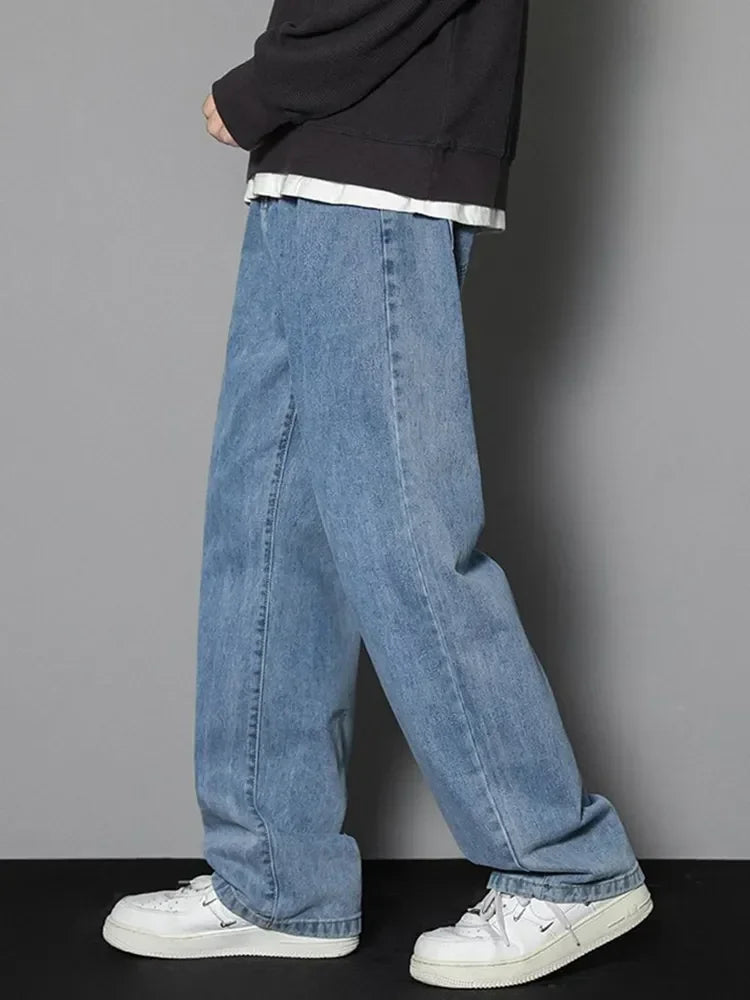 New Men's Fashion Jeans Korean Style Solid Color Loose Straight Wide Leg Casual Denim Long Pants Classic Style Male