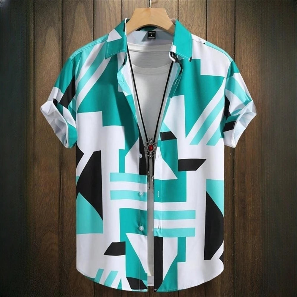 3D Printed Geometry Men's Shirts Color Block Graphics Fashion Button Short Sleeve Lapel Hawaiian Blouse shirts for men Summer