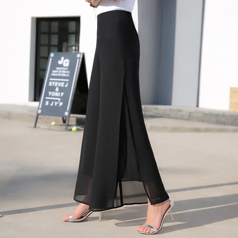 Chiffon Culottes High-Waisted Trousers L Skirt Gauze Loose Shuai Ku Straight Casual Pants Slit Wide Leg Pants Female