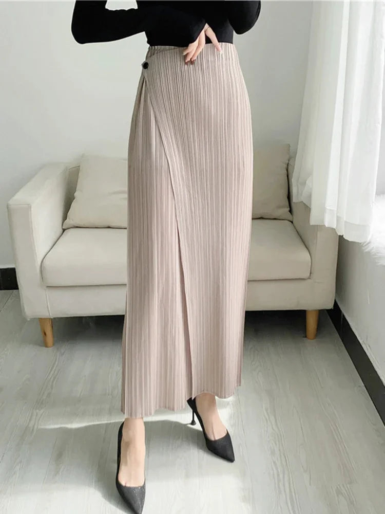 Women Pleated Solid Color Ankle-length Pants Elastic Waist Wide Leg Straight Female Trouser Loose Summer