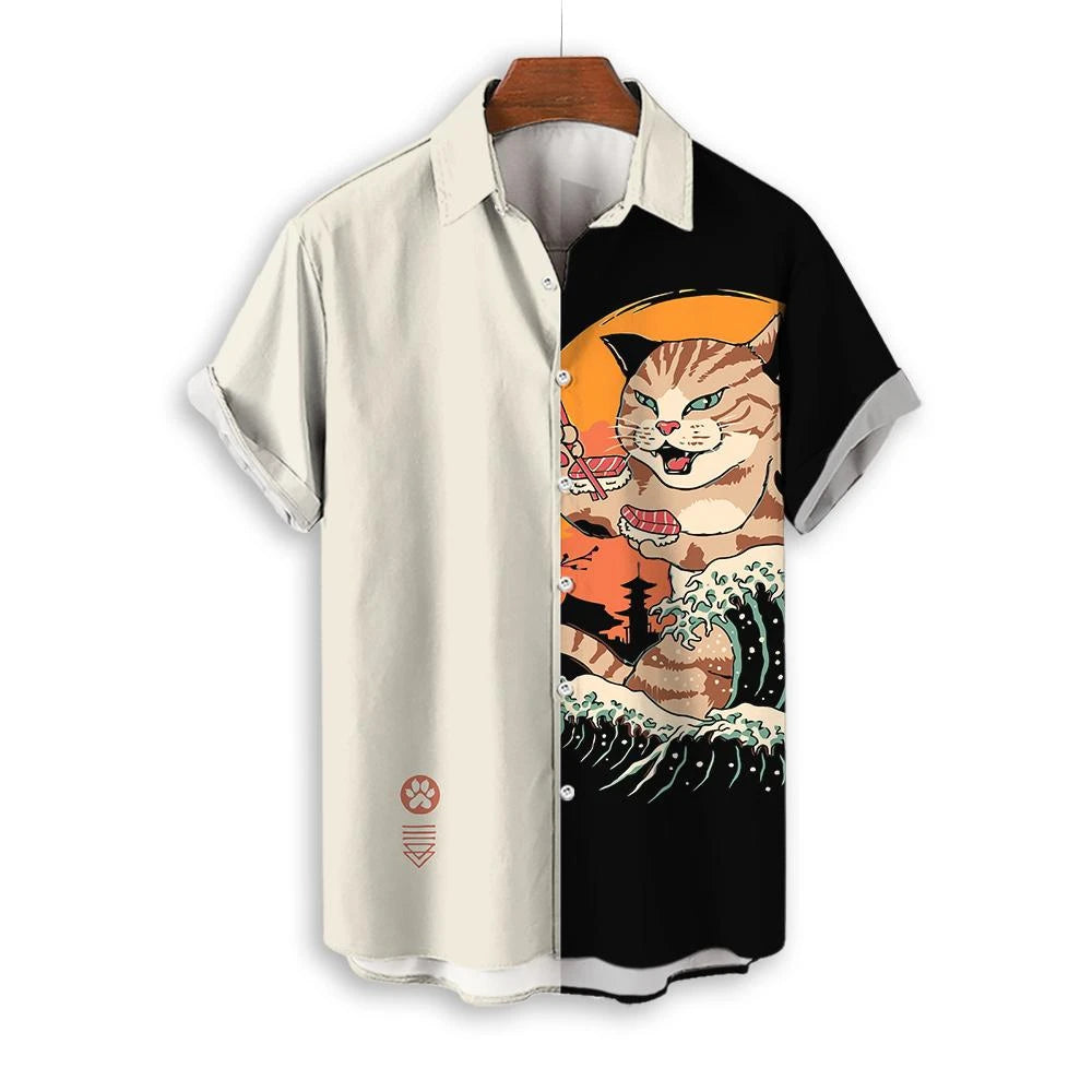 Fashion Men's Clothing Cool Samurai Cat Tops Summer New Men's Clothing Casual Short-Sleeved Anime Loose Blouse Hawaiian Shirts