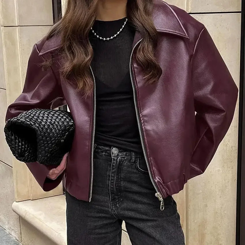 Elegant Burgundy Faux Leather Jackets Women Fashion Lapel Zipper Long Sleeve Female Coats 2024 Autumn Winter Lady Street Outwear