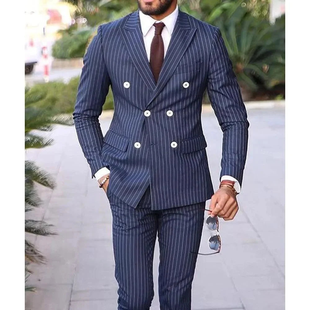 Striped Men Suits Fashion Slim Fit 2 Pieces Blazer Pants Double Breasted Classic Fit Outfits For Wedding Groom