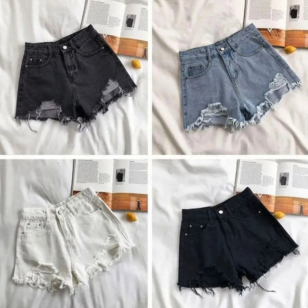 Summer Korean Women's Cowboy Shorts High Waist Casual Blue Denim Shorts Pocket Tassel Perforated Fashion Shorts Y2K Female Jeans