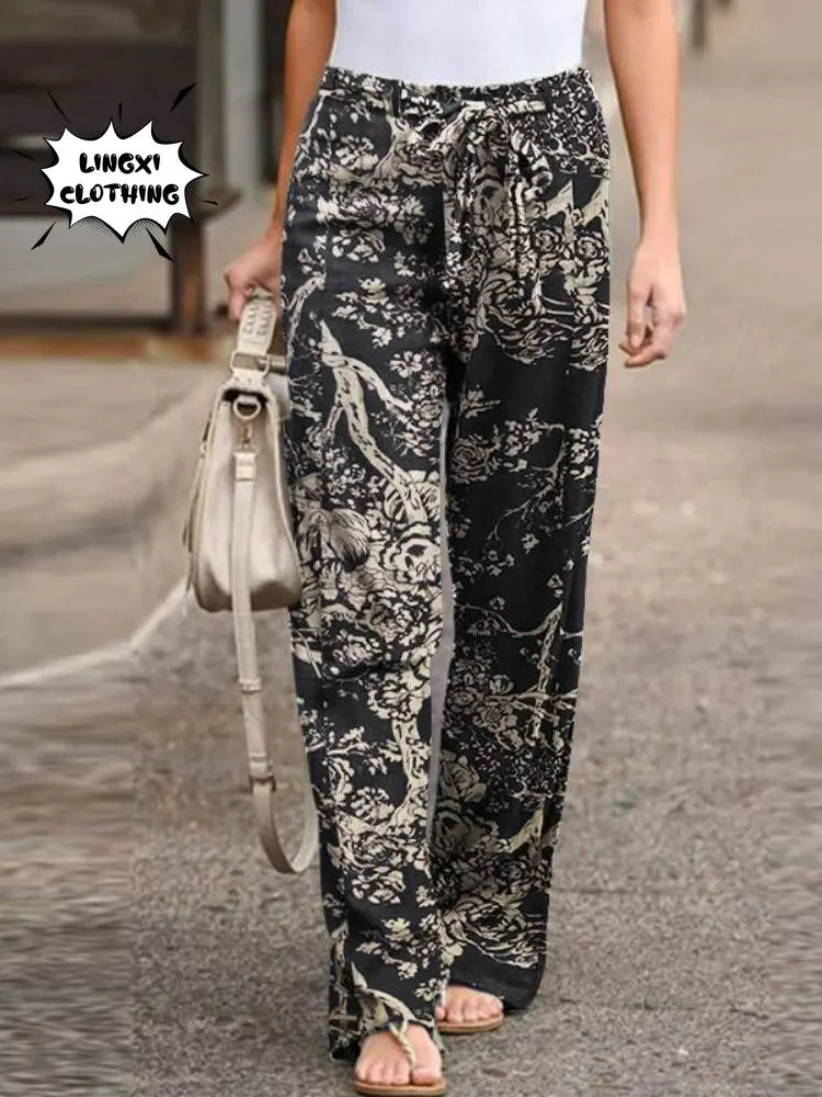 New Summer Fashion Casual Simple Comfortable Elastic Waist Cotton Hemp Large Size Printed High Waist Wide Leg Pants