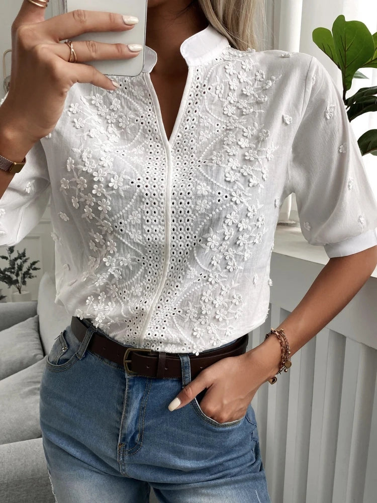 Spring Embroidery Women Blouse Fashion Summer V-neck Lantern Sleeve White Shirt Woman Vintage Cotton Hollow-out Tops