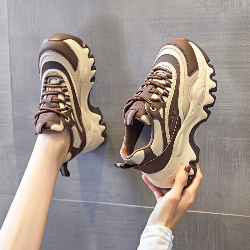 Sneakers Women Casual White Shoes 8CM Fashion Height Increasing Thick Bottom Spring Platform Leather Woman Chunky Sneakers