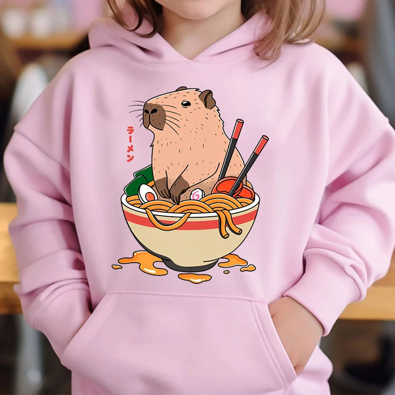 Cute Capybara Loves Bubble Tea kids hoodie pink plus velvet sweater autumn and winter tops for girls