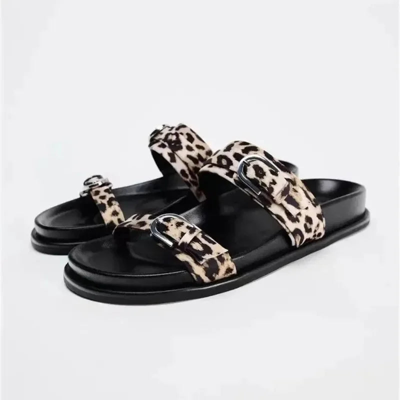 Chic Leopard Print Platform Sandal for Woman Classic Buckle Design Casual Thick Bottom Ladies Beach Shoes Open Toe Flat Footwear