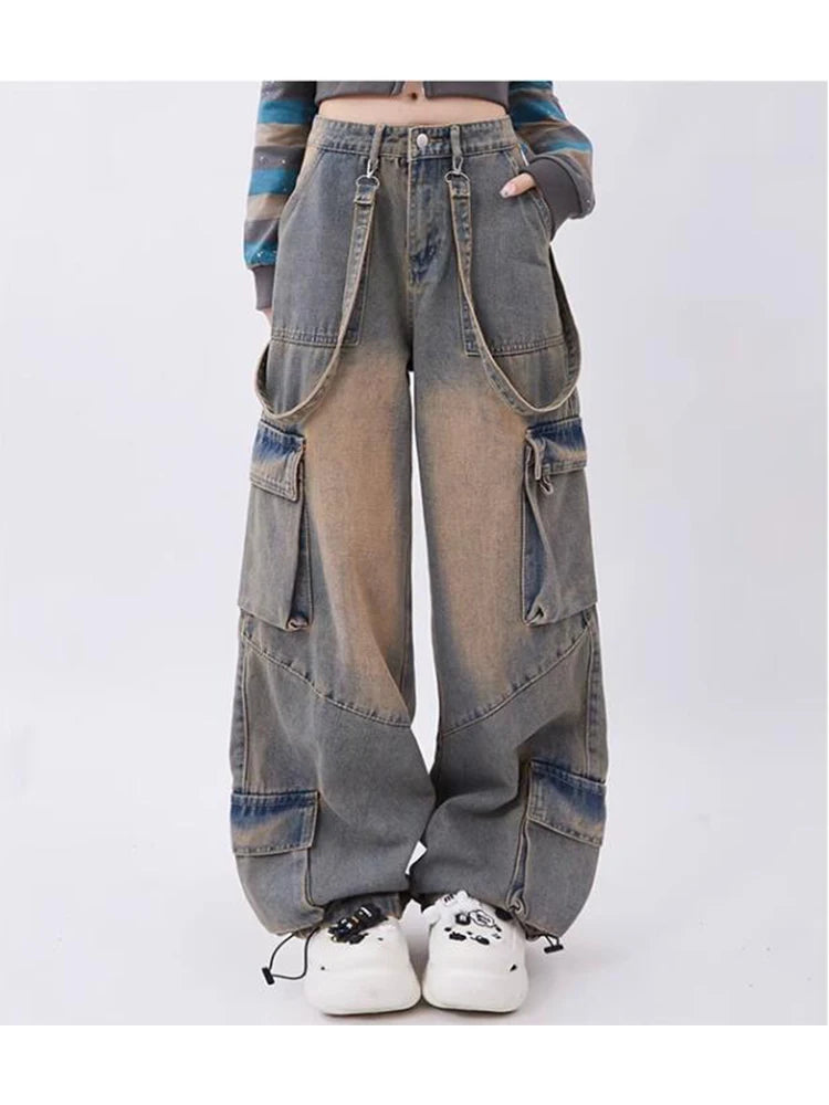 Women Blue Oversize Cargo Jeans Harajuku Vintage Baggy Y2k Denim Trouser 90s Aesthetic Wide Jean Pants 2000s Trashy Clothes