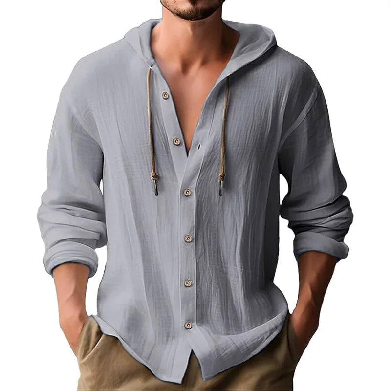 Men's solid color casual shirt, hooded drawstring cotton and linen cardigan, trendy and versatile loose beach T-shirt