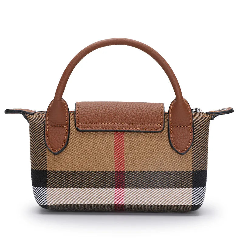 Checkered pattern single shoulder crossbody women's bag, canvas with cowhide mini bag, mobile phone bag