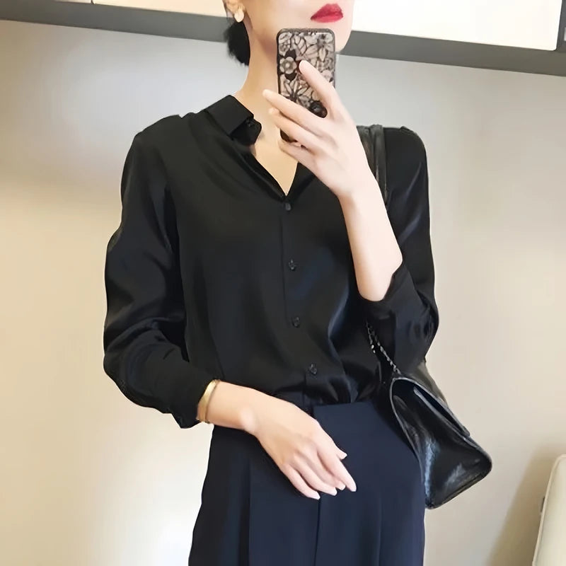 All-match Satin Finish Shirts And Blouses Women Clothing Casual Top OL Long Sleeve Button Elegant Shirts French Solid Blouses