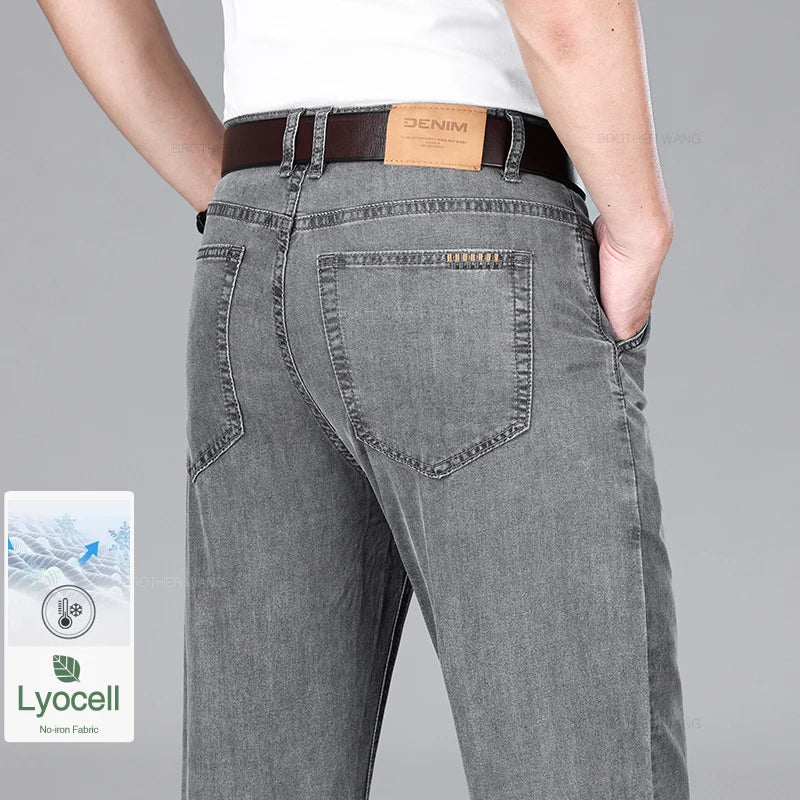 Lyocell Ice Silk Summer Thin Jeans Men's Classic High Waist Drape Loose Straight Denim Pants Business Casual Smoke Gray Trousers