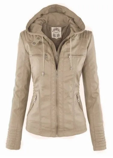 Faux Leather Jacket Women Khaki Winter Motorcycle Jacket Gothic Hoodies Outerwear Faux Leather PU Basic Jacket Coat