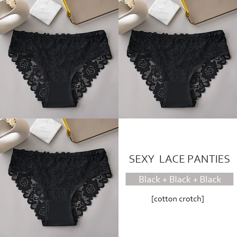 3PCS/Set Luxury Floral Embroidery Lace Panties Women Briefs Sexy Hollow Lingerie Female Underwear Ladies Breathable Underpants