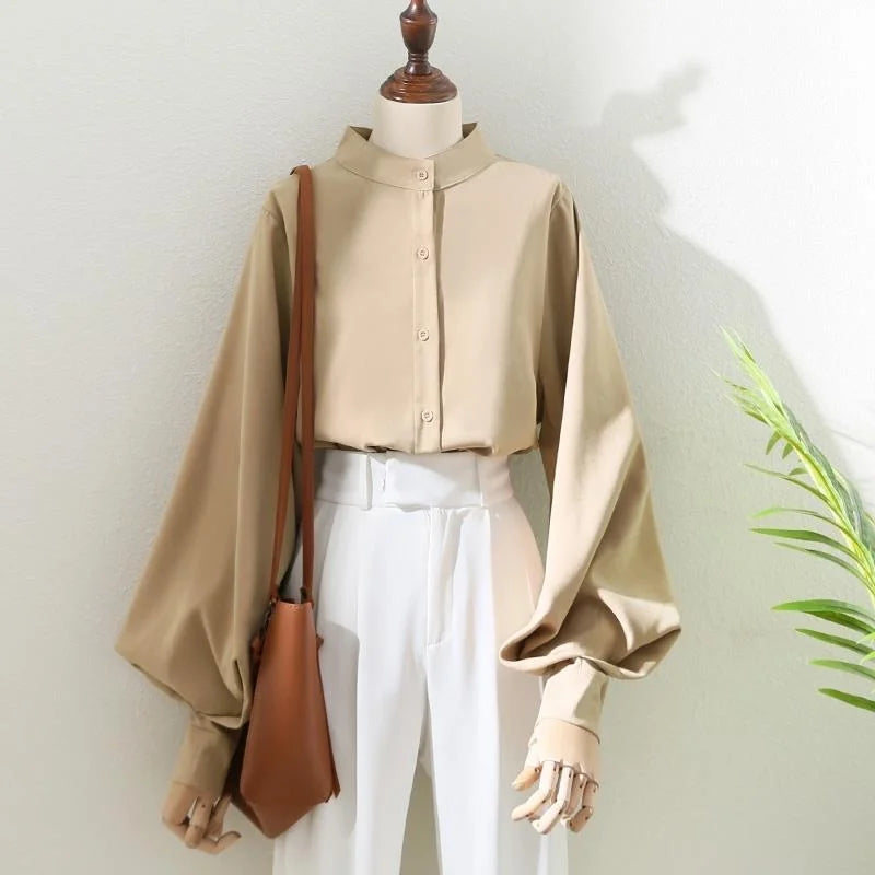 Woman Spring Autumn Style Blouses Shirt Lady Long Lantern Sleeve Stand Collar Loose Blusas Tops