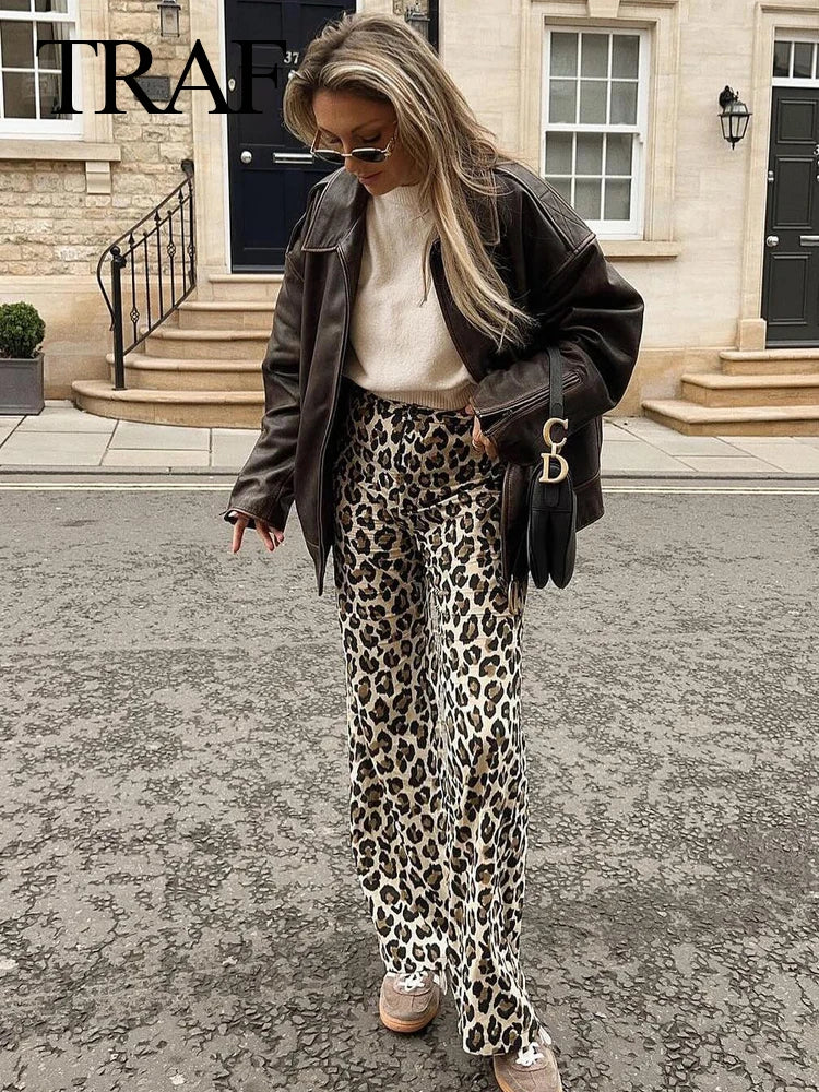 TRAF Women Vintage Leopard Printed Pant Female Spring Zipper High Waisted Full Length Casual Female Trousers Y2K Loose Pant