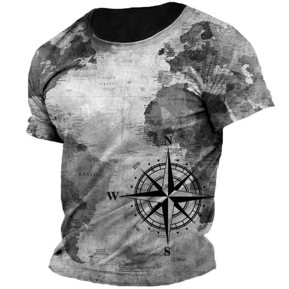 Vintage Men's T-shirt Summer American Shirt Tops Compass Printed Short-sleeve Tees Loose Daily Men Clothing Casual Streetwear