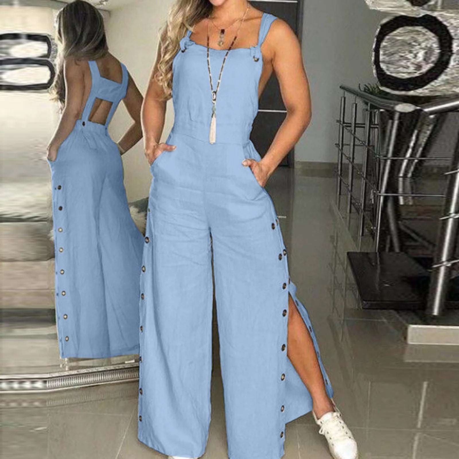 Sports Jumpsuit Woman Gym Women's Summer Sleeveless Twisted Knot Cotton Strappy Pants Button Openings Loose Long Pants