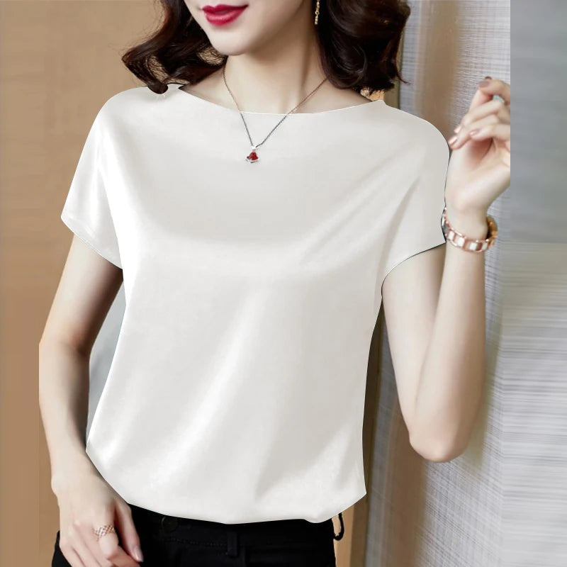 Summer Fashion Blouse Elegant Short Sleeve Satin Shirt Women Stylish OL Work Shirt Female Party Blusas Tunic Chemise