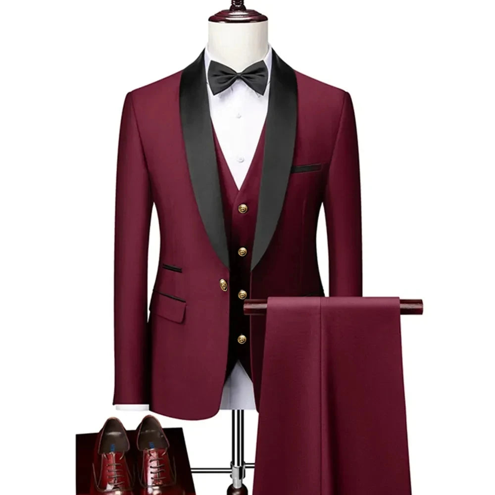 Men's Lapel Collar 3 Piece Suit Set Coat Vest Trousers / Business Groomsmen Groom Wedding Dress Blazer Jacket Pants Waistcoat