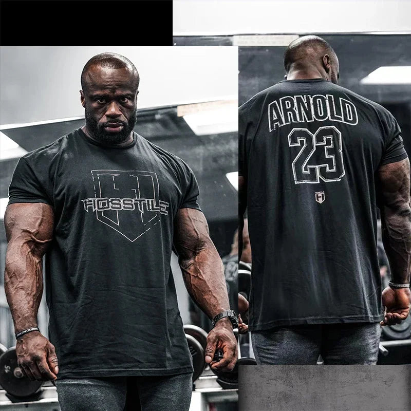 HOSSTILE Short Sleeved Fitness American Loose Muscle Tough Guy Top Breathable Sports Arnold Classic T-shirt