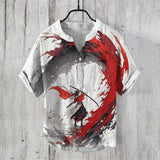 Fashion retro distressed linen breathable men's shirt men's clothing art illustration print fashion v-neck henley men's shirt