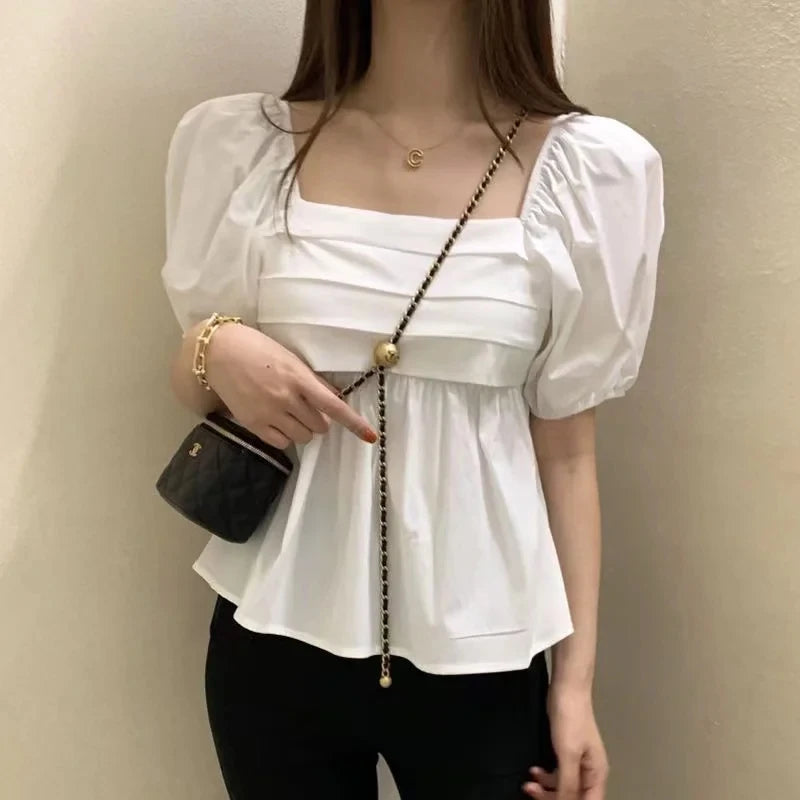 Elegant Square Neck Summer White Blouse Fashion Women New Puff Short Sleeve Simple Shirt Ladies Casual Pleated Short Tops