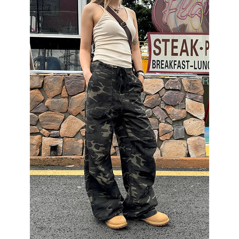 Camouflage Baggy Cargo Pants Women High Rise Trousers Straight Wide Leg Oversize Pants Summer Aesthetics Vintage Y2K jeans