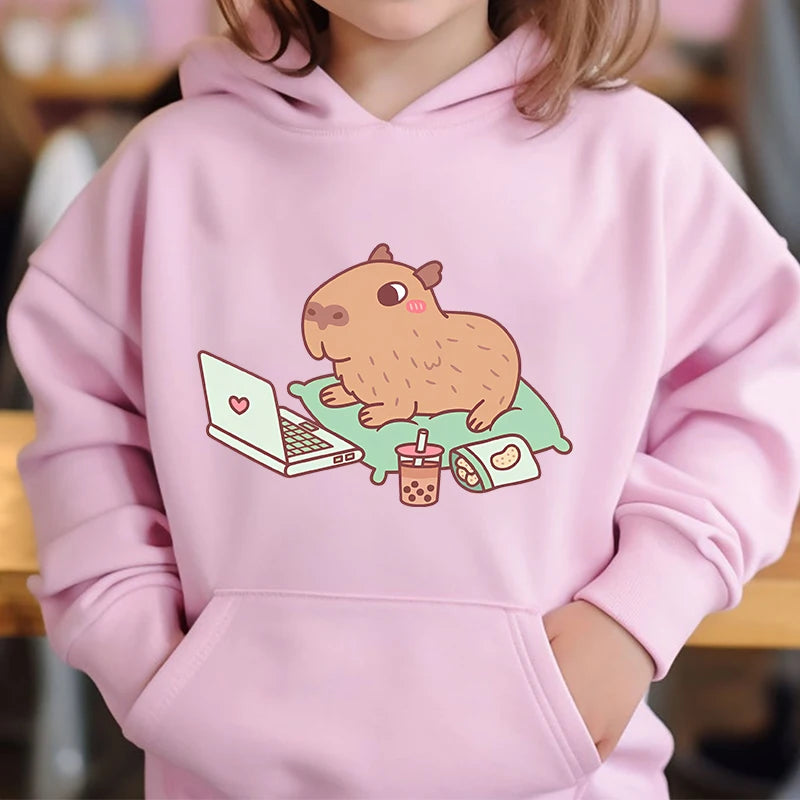 Cute Capybara Loves Bubble Tea kids hoodie pink plus velvet sweater autumn and winter tops for girls