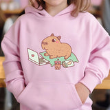 Cute Capybara Loves Bubble Tea kids hoodie pink plus velvet sweater autumn and winter tops for girls