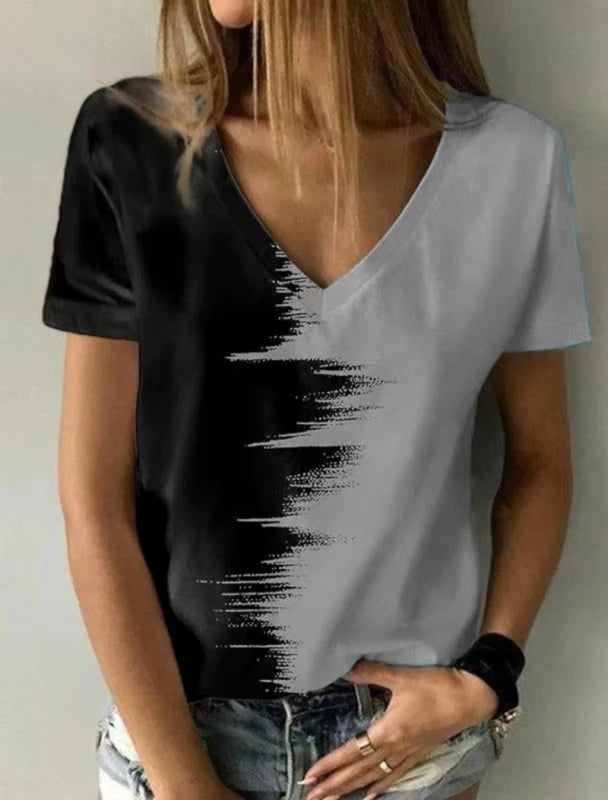 2024 Simple Fashion Street Women's T-Shirt Summer V-Neck T-Shirt Loose and Comfortable Printed Shirt Daily Versatile Top