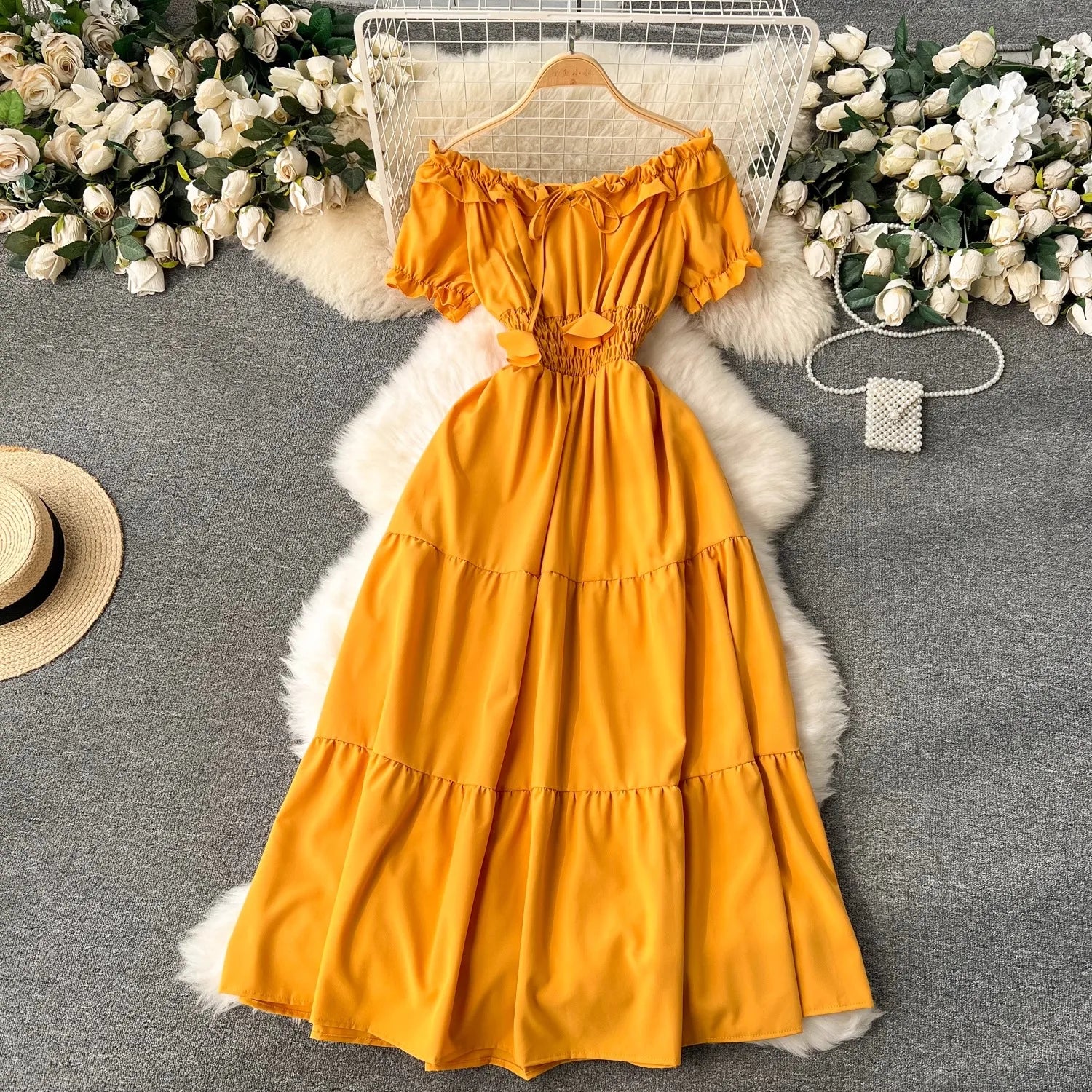 YuooMuoo Summer Vacation Slim Elastic Waist Long Dress Women Elegant Off Shoulders Big Swing Maxi Beach Dress Party Robe Femme