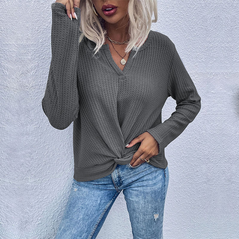 women's waffle kink thin solid color bottoming knitted sweater