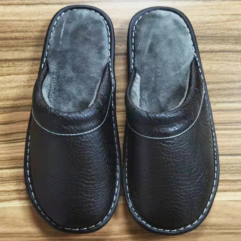 Autumn Winter Indoor Shoes 47 48 Men's Blue Bedroom Slippers Man Concise Slides Faux Fur Mules Leather Home Slipper Flip Fops