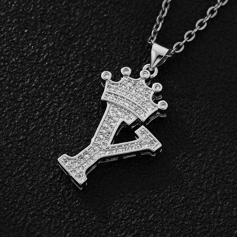 Unisex Copper Inlaid Zircon Crown English Letter Pendant Necklace