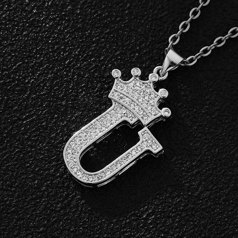 Unisex Copper Inlaid Zircon Crown English Letter Pendant Necklace