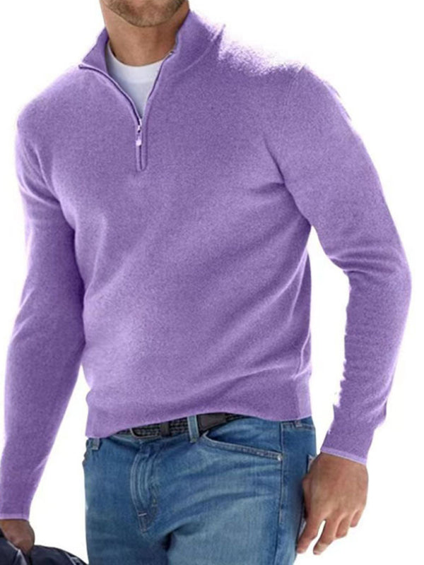 Long Sleeve V Neck Wool Fleece Zipper Men's Casual Top Polo Shirt